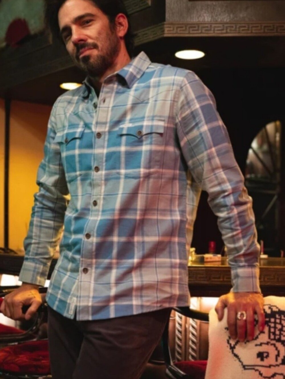 Sendero Durango Cotton Twill Flannel Shirt Blue Cream Plaid Mens Large NEW